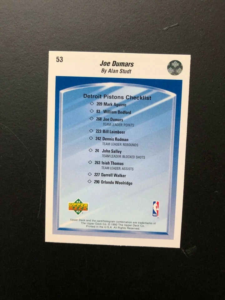 Really Nice 1992 JOE DUMARS Upper Deck Basketball Card # 53 Made in USA - Image 3 of 4