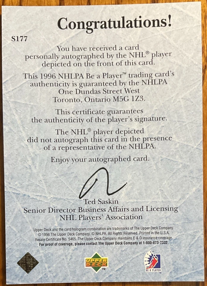 1995-96 Be A Player Autographs World Class Niklas Sundstrom #S177 Team Sweden - Image 2 of 2