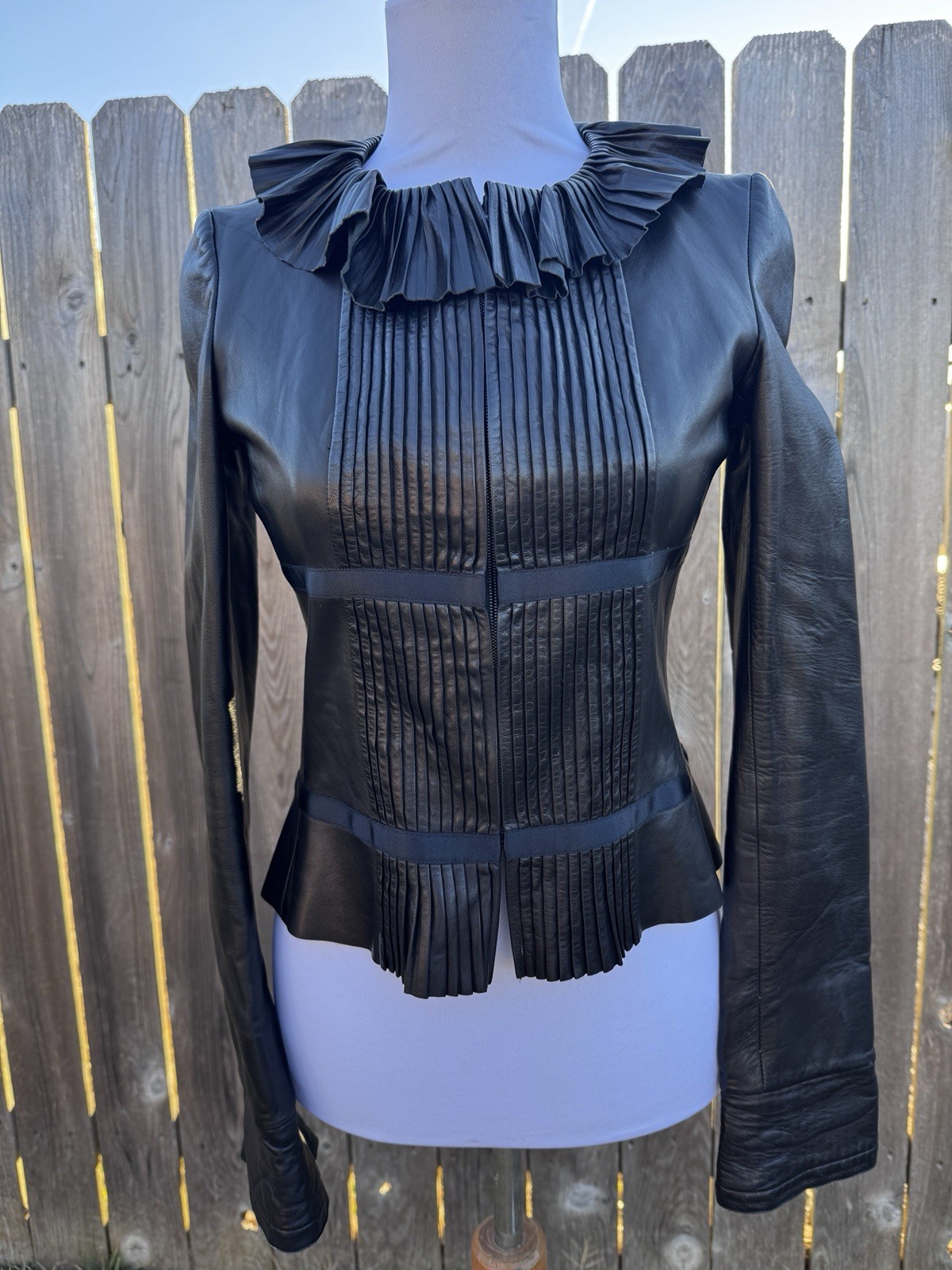 Chanel Black Lambskin Leather Jacket Sz 34/US 2 XS Ruffle Collar Excellent SEE!