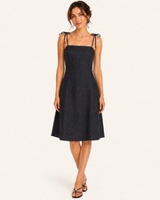 Faithfull The Brand Black Linen Tie Strap Midi Dress Womens US 8 L Smocked