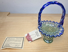 Fenton Hobnail Ruffled Sea Mist Green Basket Cobalt Blue Handle & Edge