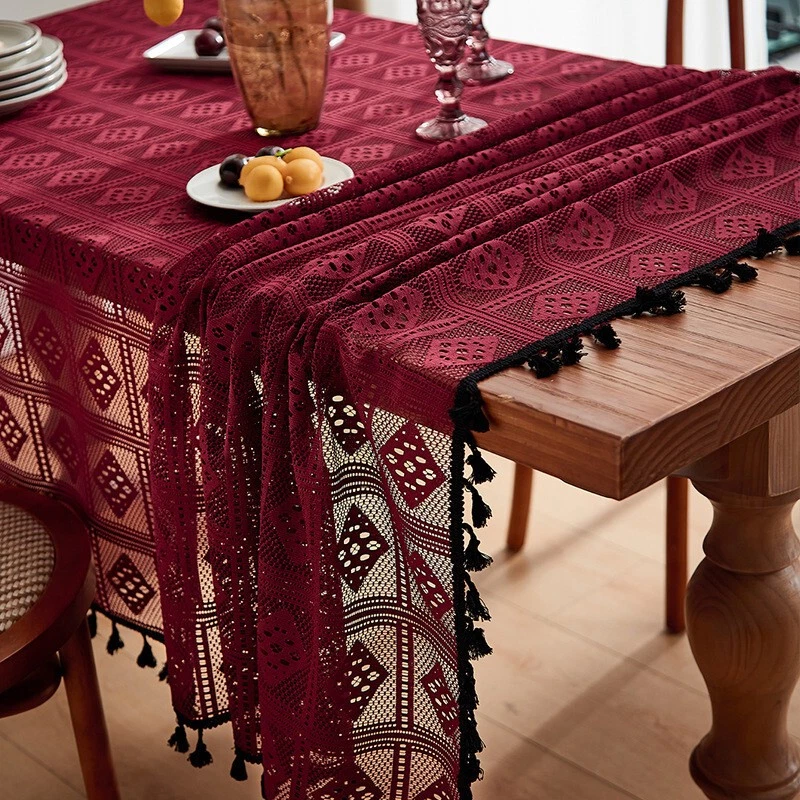 Vintage Burgundy Hand Crochet Lace Tablecloth Table Cover Wedding Party Decor - Image 3 of 4