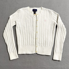 Polo Ralph Lauren Cardigan Girls M White Cable Knit Preppy Cotton Sweater