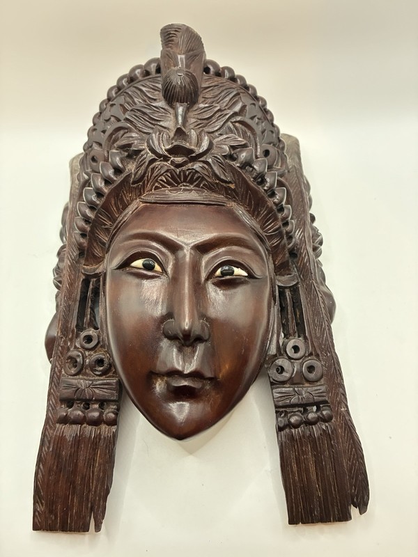 Antique Chinese Wood Mask Empress Queen Carved Rosewood Inlaid Eyes Goddess 12”