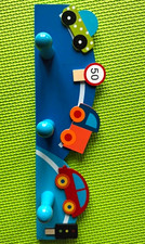 Children’s Blue Wooden Wall Mounted Hook Rack 4 Hooks Vehicles/Cars Painted