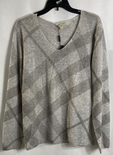 Burberry Brit Women's NWT V-Neck Sweater Pale Grey Mel Check Cashmere XL