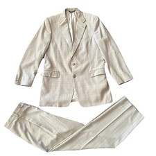 Burberry Suit Men 42L 35x33 100 Wool Tan Check Pleated Lightweight Vintage USA