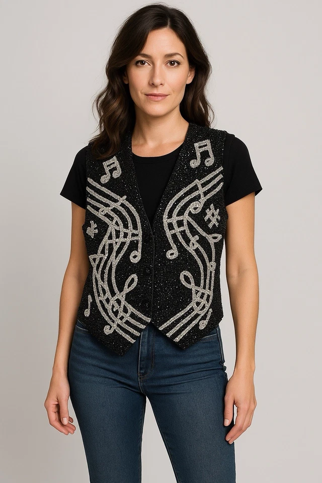 Vintage Sequin Music Note Vest S NWT Fashion Fantasy 80s - Image 3 of 4