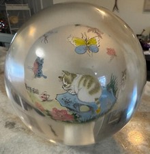 Chinese Exotic Cats in Landscape w Motif Reverse Painted Glass Orb 4" paperweigh