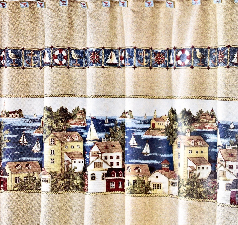 Seaport Shower Curtain,Beige,100% Polyester,70"x 70",Village,Boats,Sea,Islands - Image 3 of 4