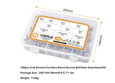 VIGRUE 180PCS M6 x 20 To 80mm Bolt Insert Barrel Nuts Kit Furniture Bolt Crib