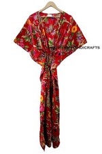Red Indian Cotton Long Loose Sleeve Floral Print Free Size Bohemian Caftan Dress