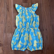 Girls Kelly's Kids Nettie Romper Blue Yellow Seahorse Cotton Blend sz 4-5