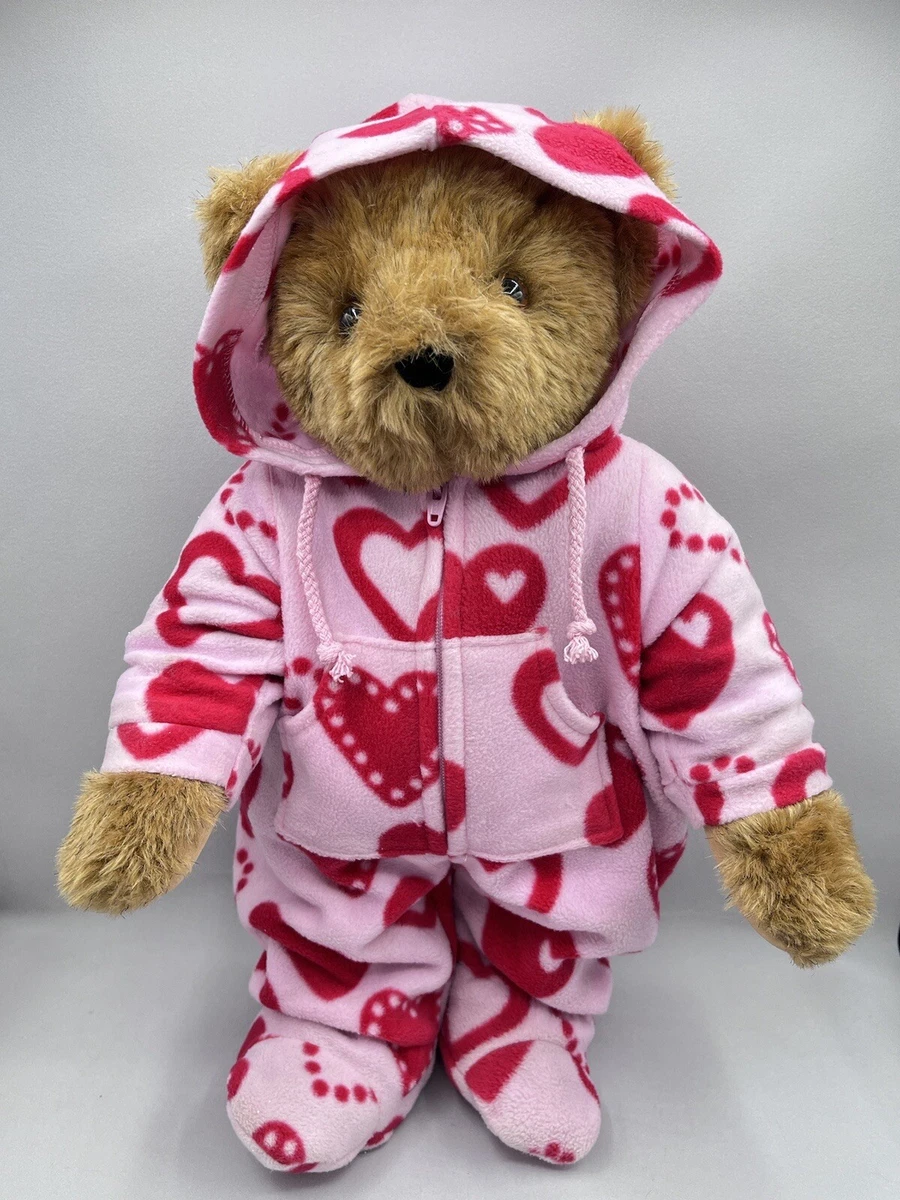 Vermont Teddy Bear Plush w/ Pink Red Hearts Hooded Sleeper PJs