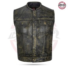 Men's Distress Brown Leather Vest Motorcycle Biker Vest Conceal Carry Pockets
