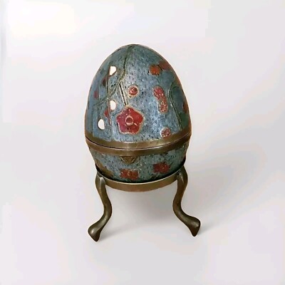 Cloisonné Brass Egg W/Stand And Trinket Box Made In India Green W/ Floral Colors