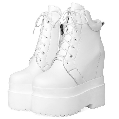 Black White Shoes Women's Cow Leather Wedge High Heels Snow Boots Platform Pumps - Picture 15 of 16