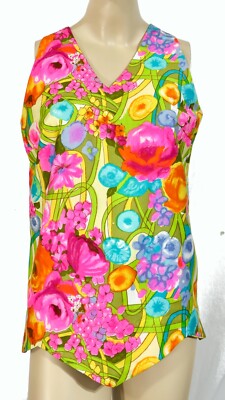 Vintage 70s Mod Floral Multi Pink Aladdin Cotton Sleeveless Top Blouse S/M