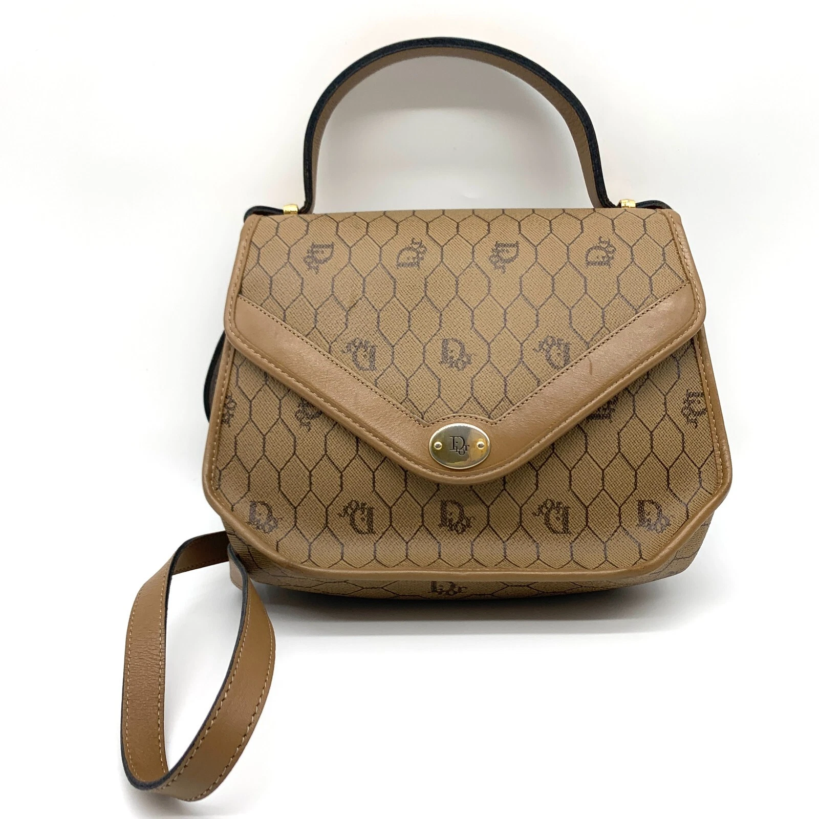 Sac bandoulière vintage Christian Dior marron nid d'abeille monogramme toile enduite