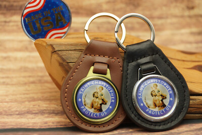 NOS VINTAGE 1970s SAINT CHRISTOPHER PROTECT US Leather CAR  Key Chain Ring Fob