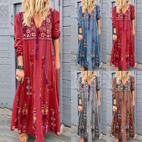Plus Size Womens Boho Floral V Neck Shirt Dress Baggy Gypsy Kaftan Maxi  Dress | eBay