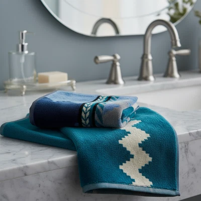 Ensemble 1+1 : serviette CARRARA + serviette invité Carrara Oseye zig-zag bleu - Photo 1/4