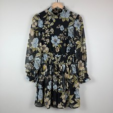 American Eagle Mini Dress Women XS Black Multi Floral Smocked Puff Sleeve Boho