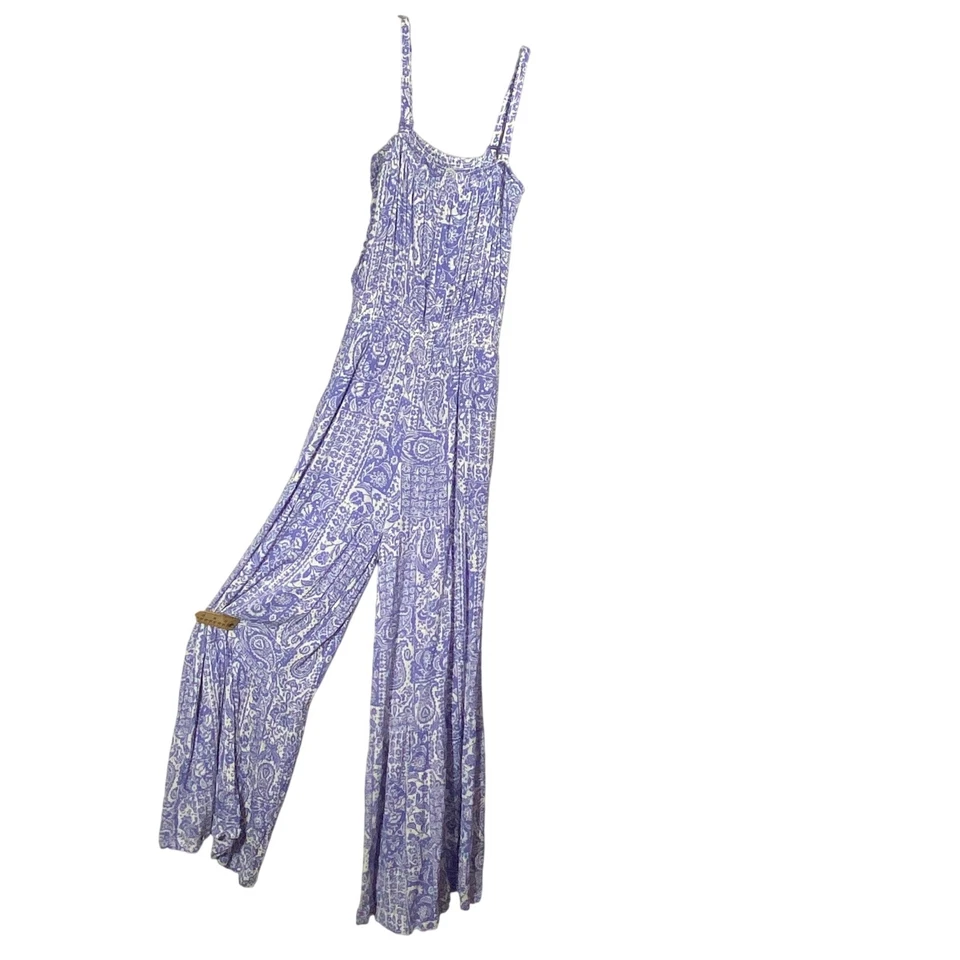 Mono Jessica Simpson Pierna Ancha Calado Talla M Azul Blanco Floral con Bolsillos Foto 2 de 4