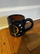 Vintage Celestial Moon & Stars Black Clay Mug Artist Signed REPAIRED! Handmade