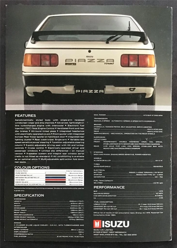 ISUZU PIAZZA TURBO HANDLING BY LOTUS UK Car Sales Brochure 1988 - Image 3 of 3