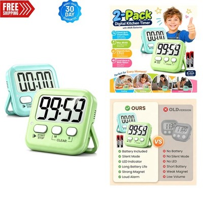 2 Pack Digital Kitchen Timer & Classroom Timer for Kids - Includes Batteries