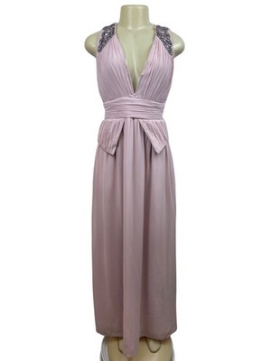 Pink Sleeveless Floor-Length Gown With Beaded Shoulder Details & Pleated Waist