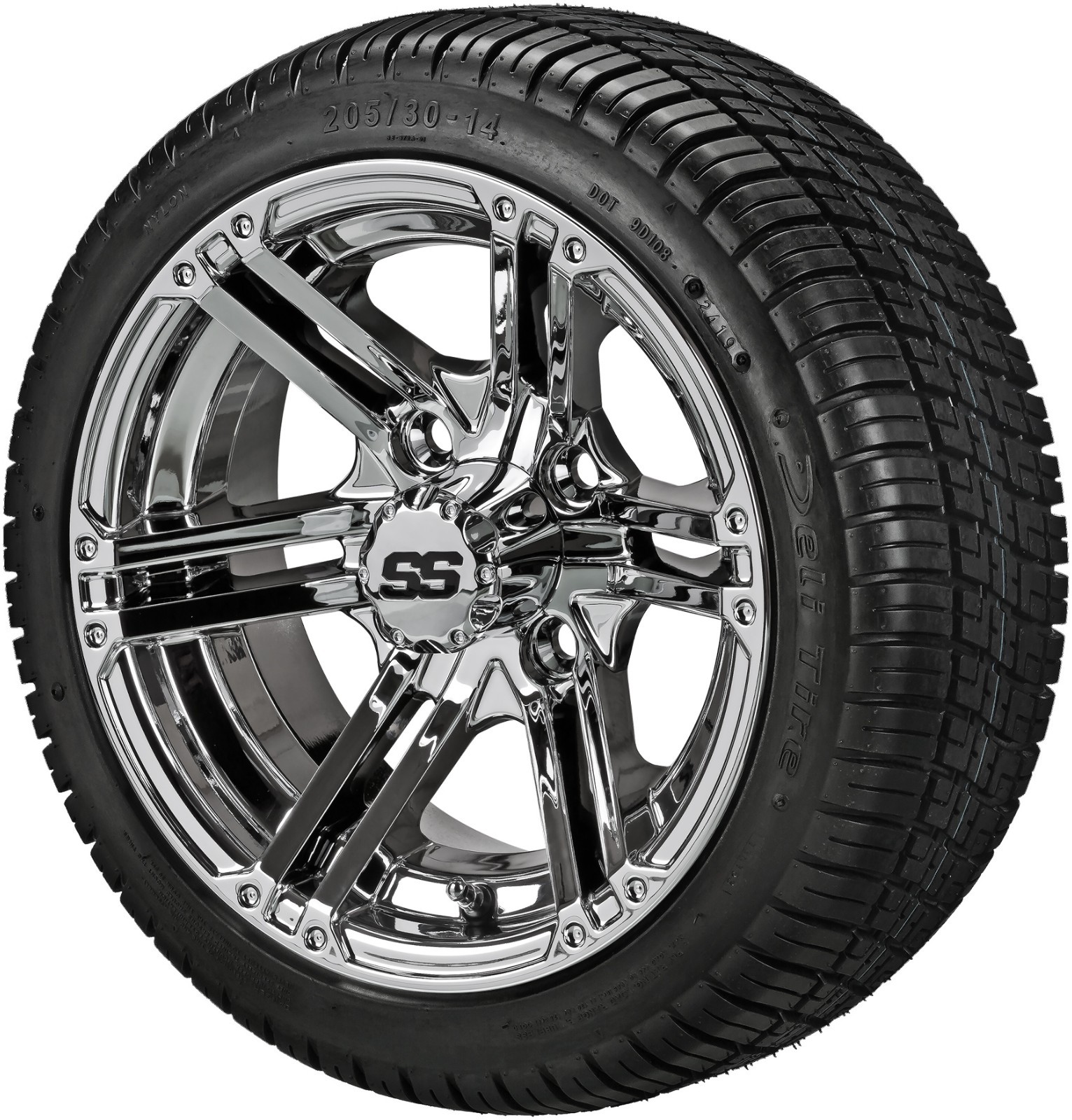 (4) Golf Cart 205/30-14 Deli Low Pro Tires on 14x7 Chrome Yukon Wheels