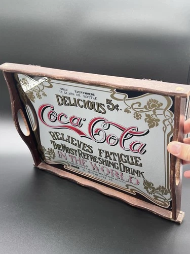 Coca-Cola Glass Mirror Wood Serving Tray/Coke Advertising Hanging Sign Vintage