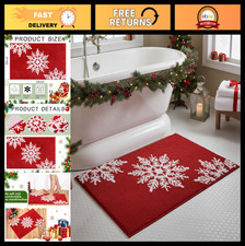 Winter Red Bathroom Rug 20x32 Non-Slip Absorbent Bath Mat - Snowflake Decor