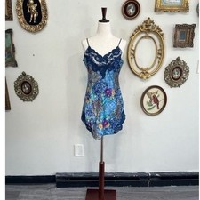 Vintage Paisley  Floral Lace Trim Silk Slip Dress