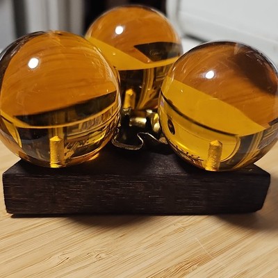Vintage Mid Century Modern Space Amber Lucite Balls & Wood Candle Holder