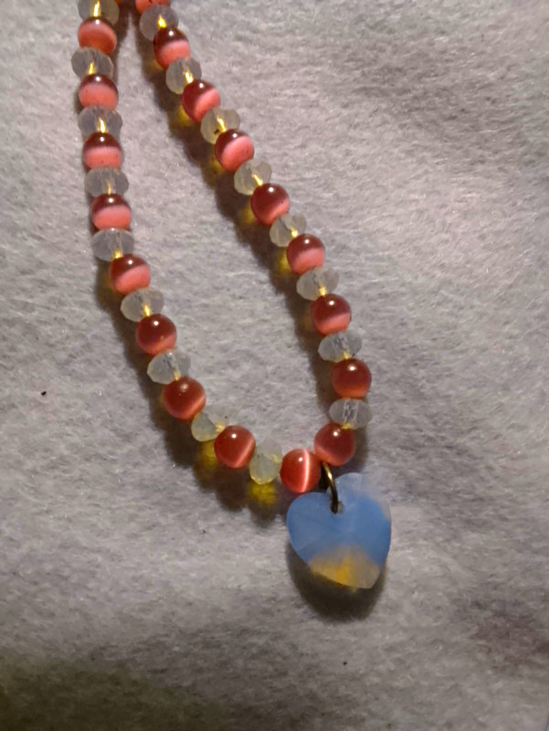 "LOVE & HEARTS" Pink Beaded Necklace White Swarovski Crystal Heart Charm Pendant