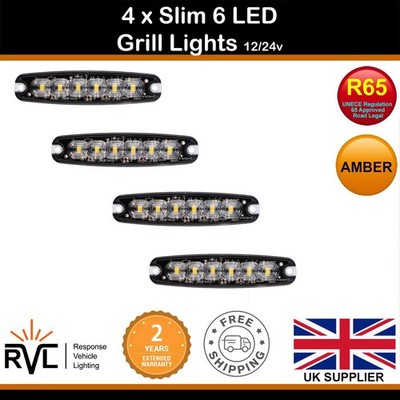 4 x Ultradünne 5W Grill-/Richtungsblitzleuchte ECE R10 R65, 6-LED, Strobe, Amber