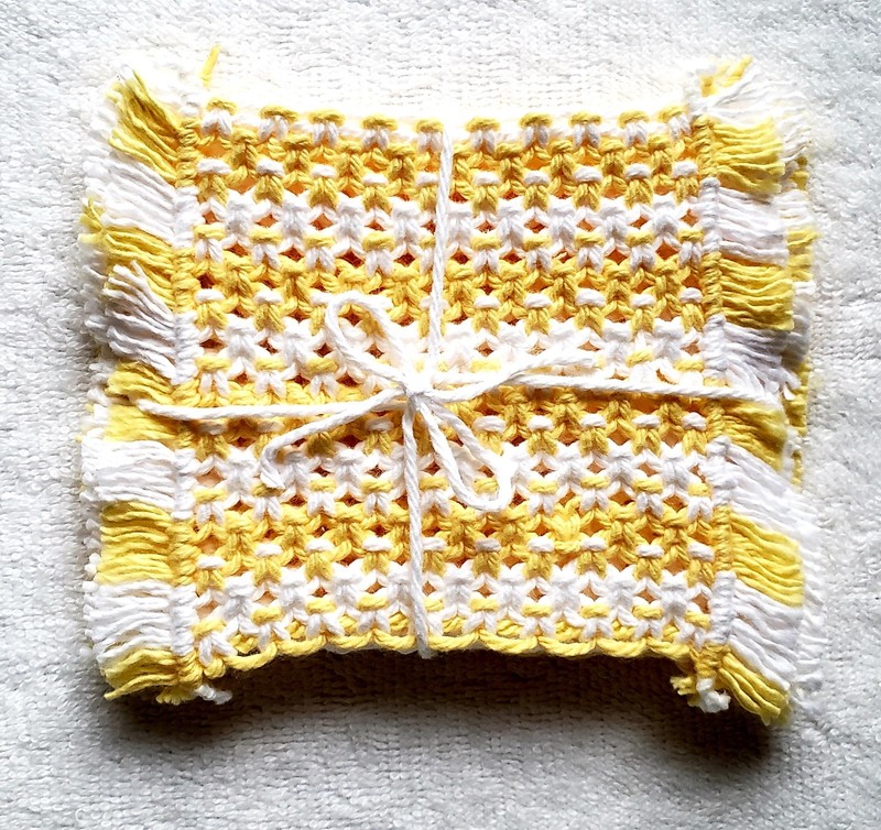 Handmade Yellow and White Cotton Yarn Macrame Coasters Set of 4 