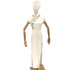 Vintage 90s Cream 100 Silk Brocade Trim Cheongsam Qipao Maxi Dress