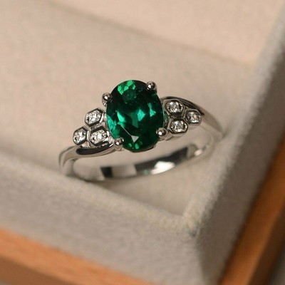 2Ct Oval Cut Lab Created Emerald Women Wedding Ring 14K White Gold Plated