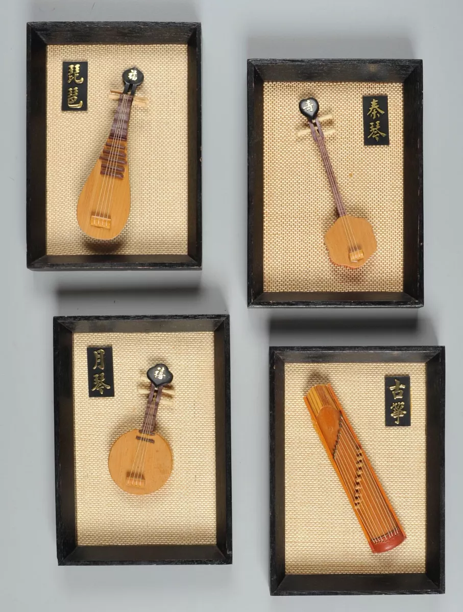 Vintage Chinese Miniature Musical Instruments Framed Pictures Set of 4 Wall  Hang