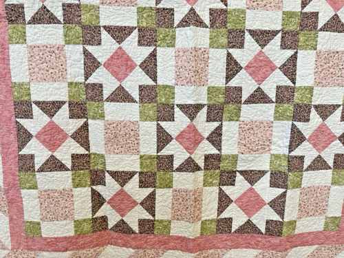 LOVELY Handmade(?) Pink, white, green & brown floral print quilt 49x65"