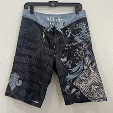 Affliction Board Shorts Gray Blue Phoenix Fleur De Lis Mens Sz 31