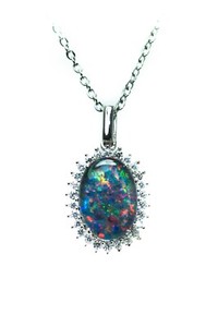 Authentic Halo Genuine Australian Triplet Opal Necklace White Gold Plated Sterling Silver
