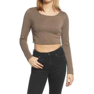 BP Crop Top Size S Long Sleeve Sprinkled Dots Taupe Brown NEW B43