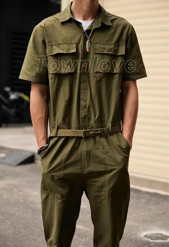 Men Short Sleeve Jumpsuit Retro One-Piece Summer Overalls
