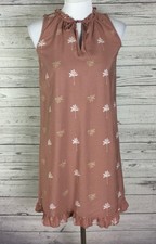 Loft Outlet Blush Brown Palm Tree Sleeveless Ruffle Tie Neck Shift Dress XSP