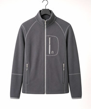 Men's Gray Solid Full-Zip Fleece Jacket L Regular Stand-Up Collar Zipper Pockets